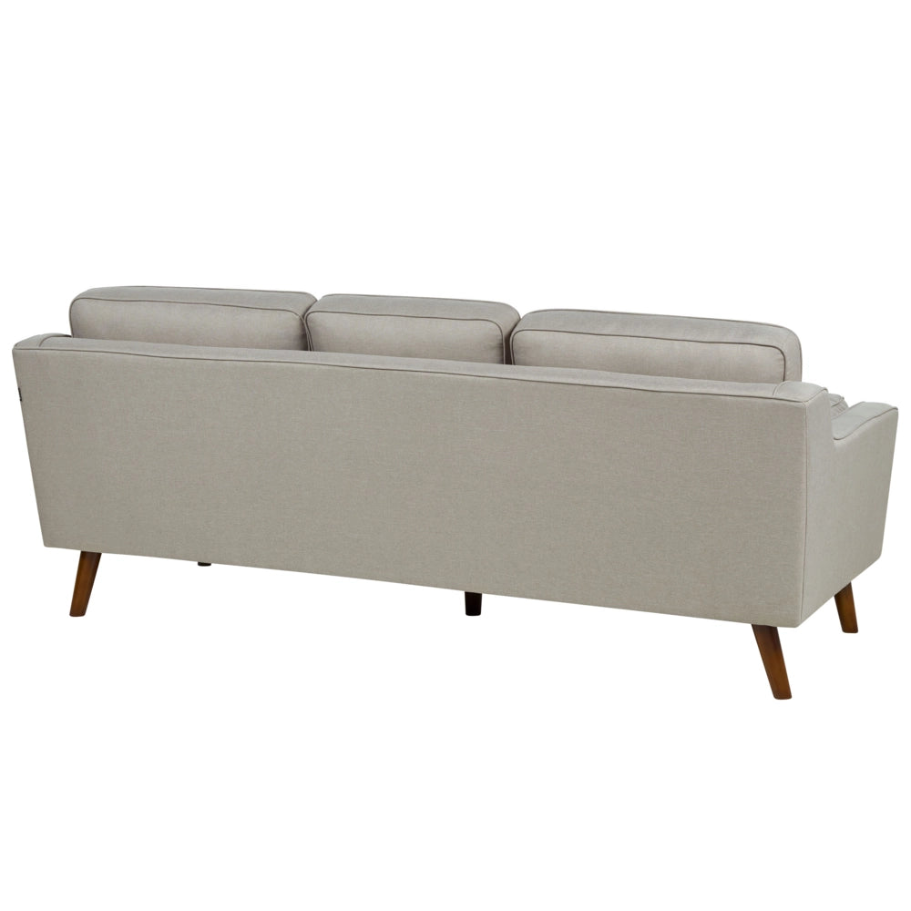 Divano moderno a 3 posti imbottito in tessuto beige e gambe in legno stile classico e moderno