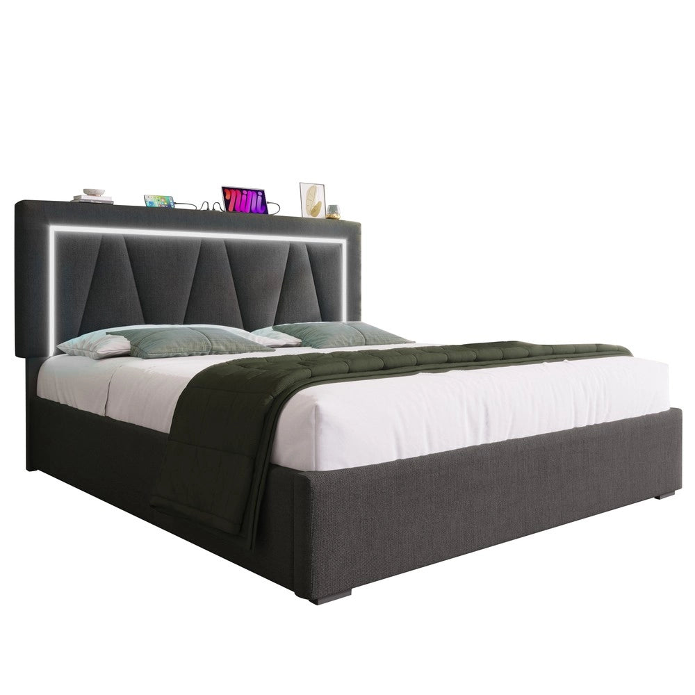 Letto Contenitore Imbottito LED 160x200 con USB ¨C Xylo ¨C Tessuto Lino