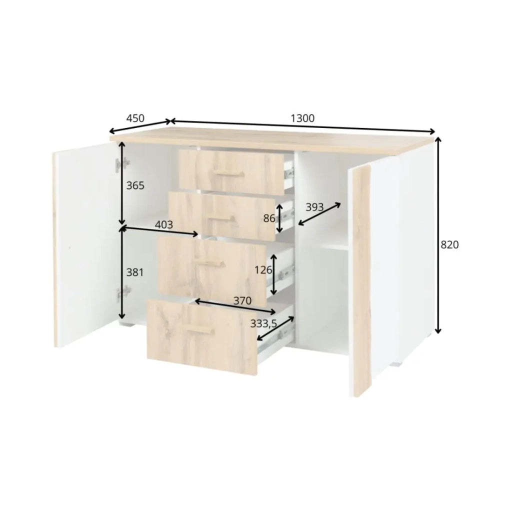 Camera completa WOOD con letto 160 x 200 cm LED, armadio 250 cm, cassettiera e comodini – Rovere e bianco