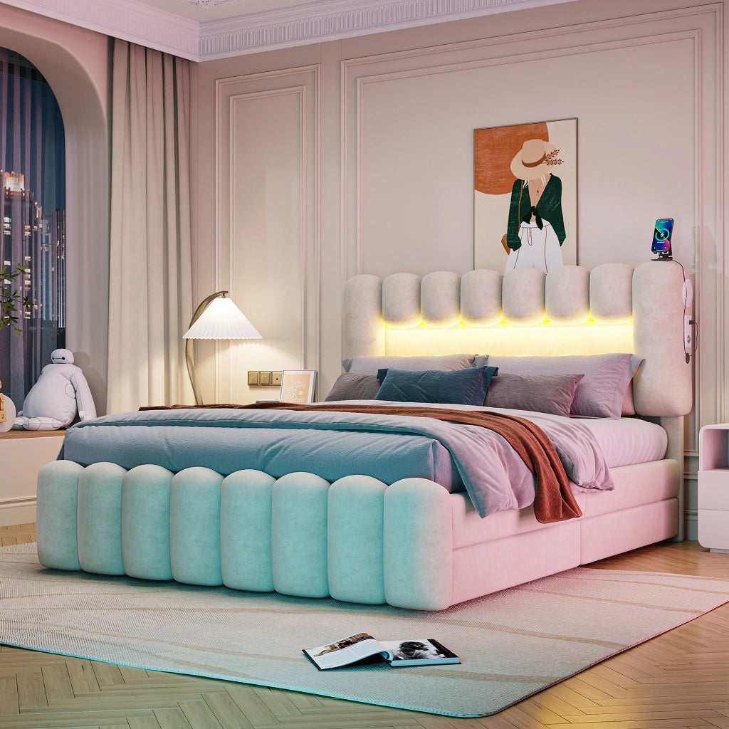 Letto Imbottito con Cassetti e LED ¨C MINIMAL ¨C Velluto Beige 160x200
