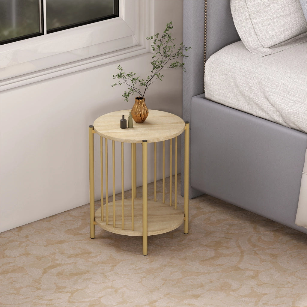 Tavolino da salotto rotondo a due livelli con ripiano ¨C Minimal ¨C legno naturale acciaio 41x49 cm