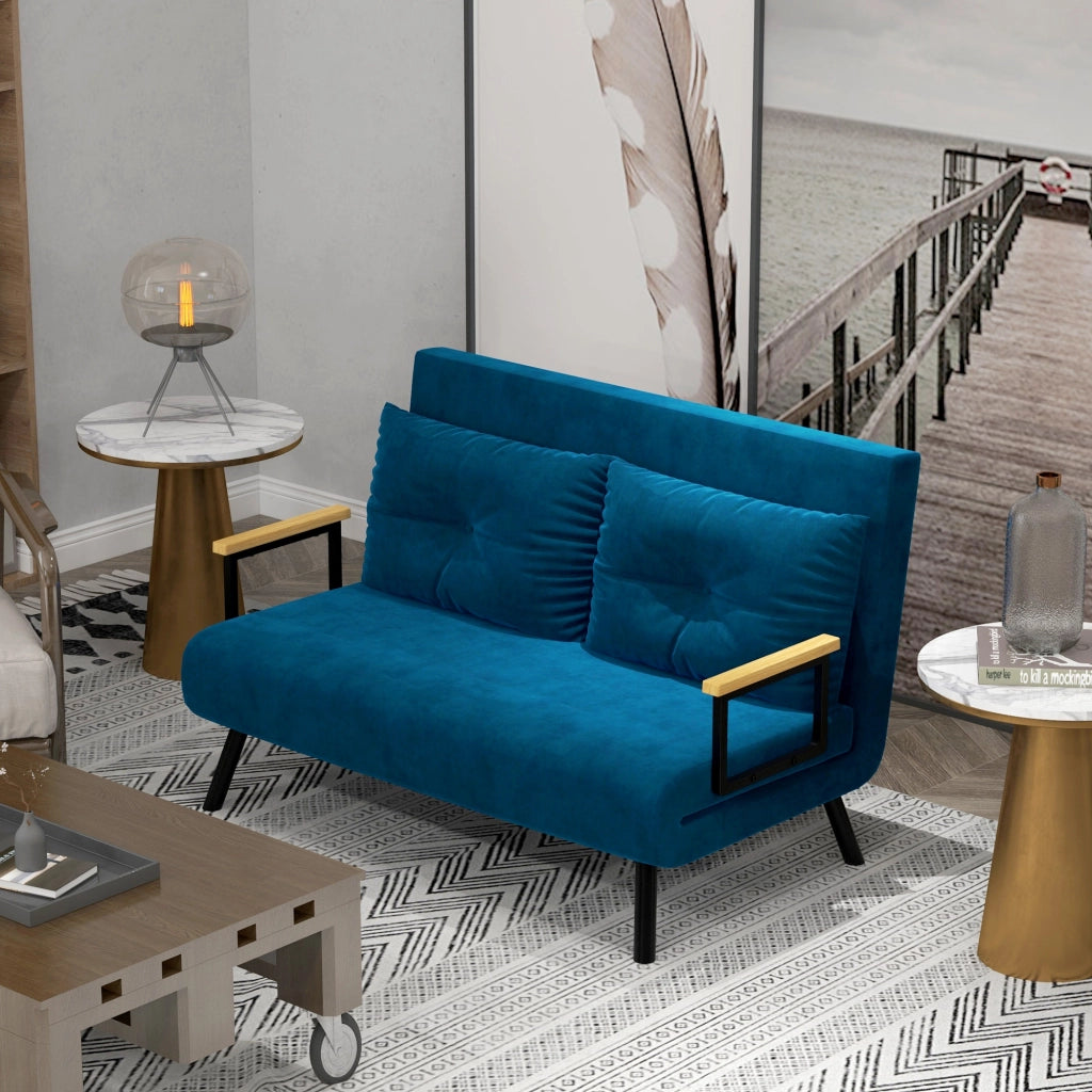Divano letto 2 posti in velluto ¨C Xylo ¨C con 2 cuscini, beige e blu