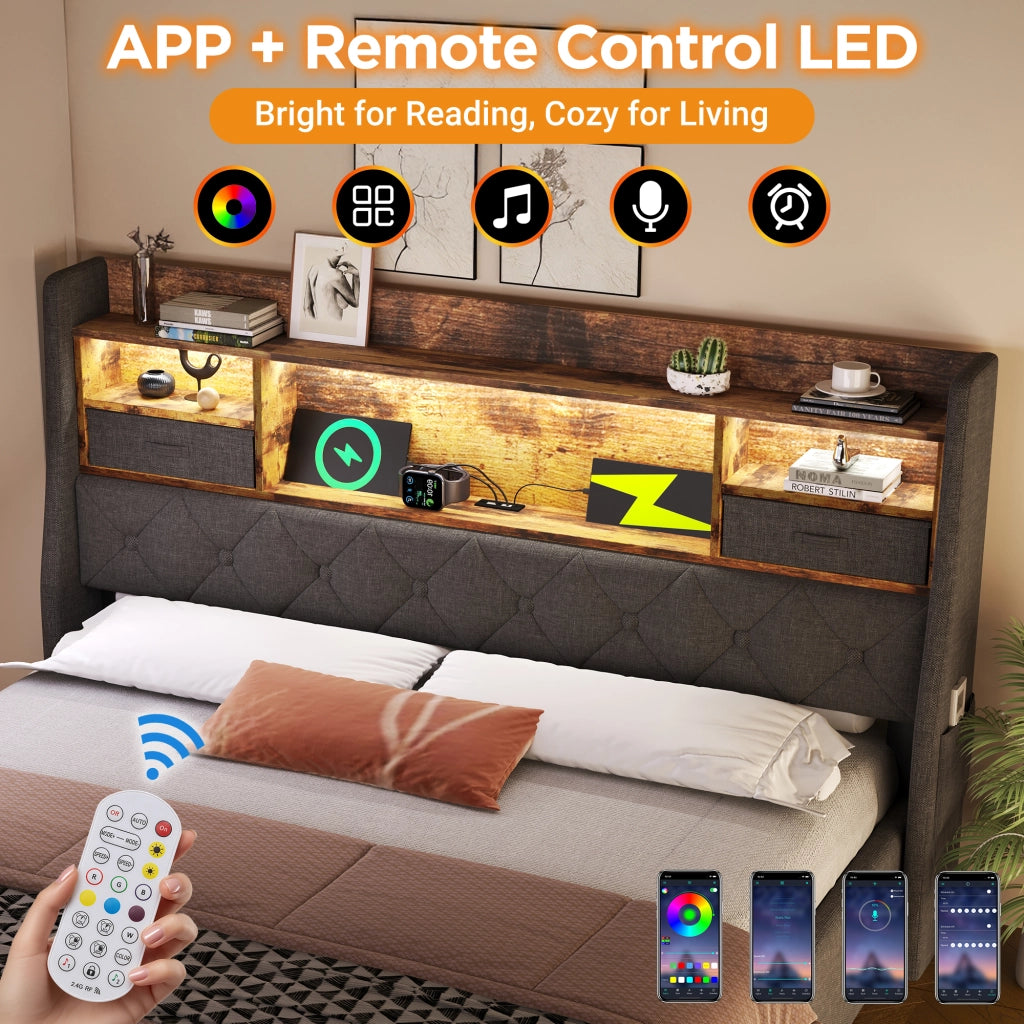 OKWISH Letto Contenitore 160×200 cm, Letto Matrimoniale con LED Regolabile, USB, Tipo C e Mensola, senza Materasso, in Lino, Grigio