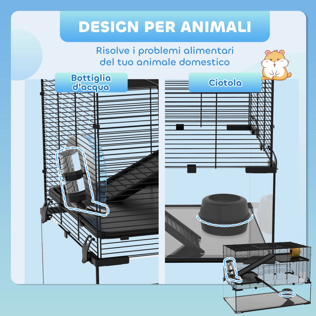 Gabbia per Criceti a 3 Livelli con Ruota e Accessori ¨C Minimal ¨C Nero 76.5x48.5x54.5 cm