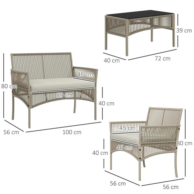 SET DA GIARDINO IN RATTAN DA 4 PEZZI CON 2 POLTRONCINE, DIVANO E TAVOLINO DA CAFFÈ, KAKI