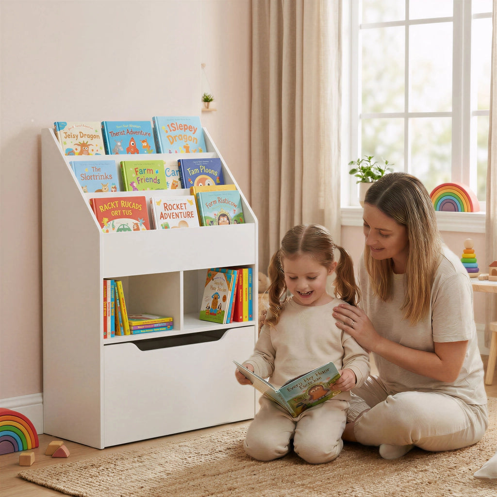 Libreria per Bambini con Ripiani e Cassetto ¨C zephmum ¨C Bianco, MDF, 60x30x90