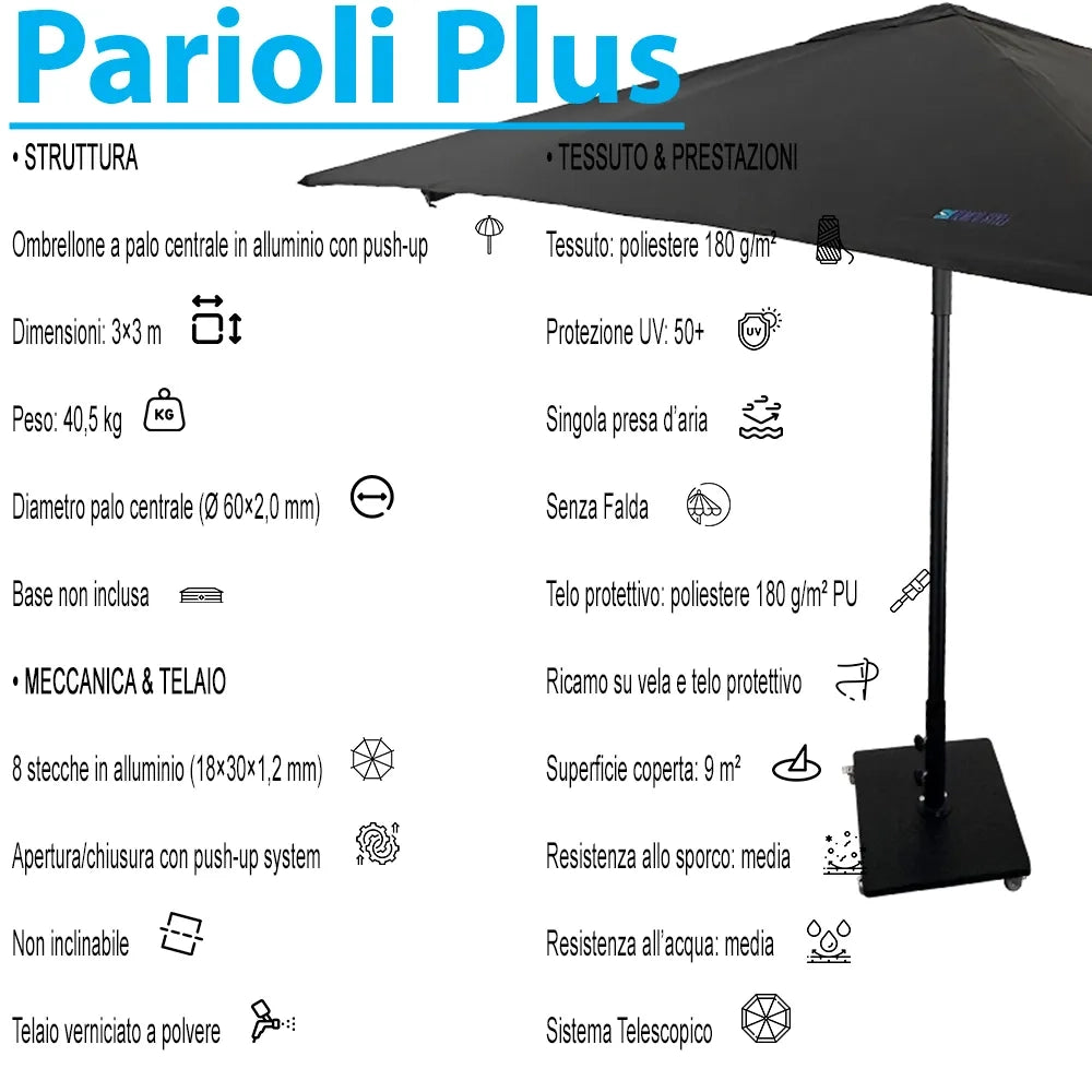 Tempo Style - Ombrellone 3×3 per esterni Parioli Plus – Nero