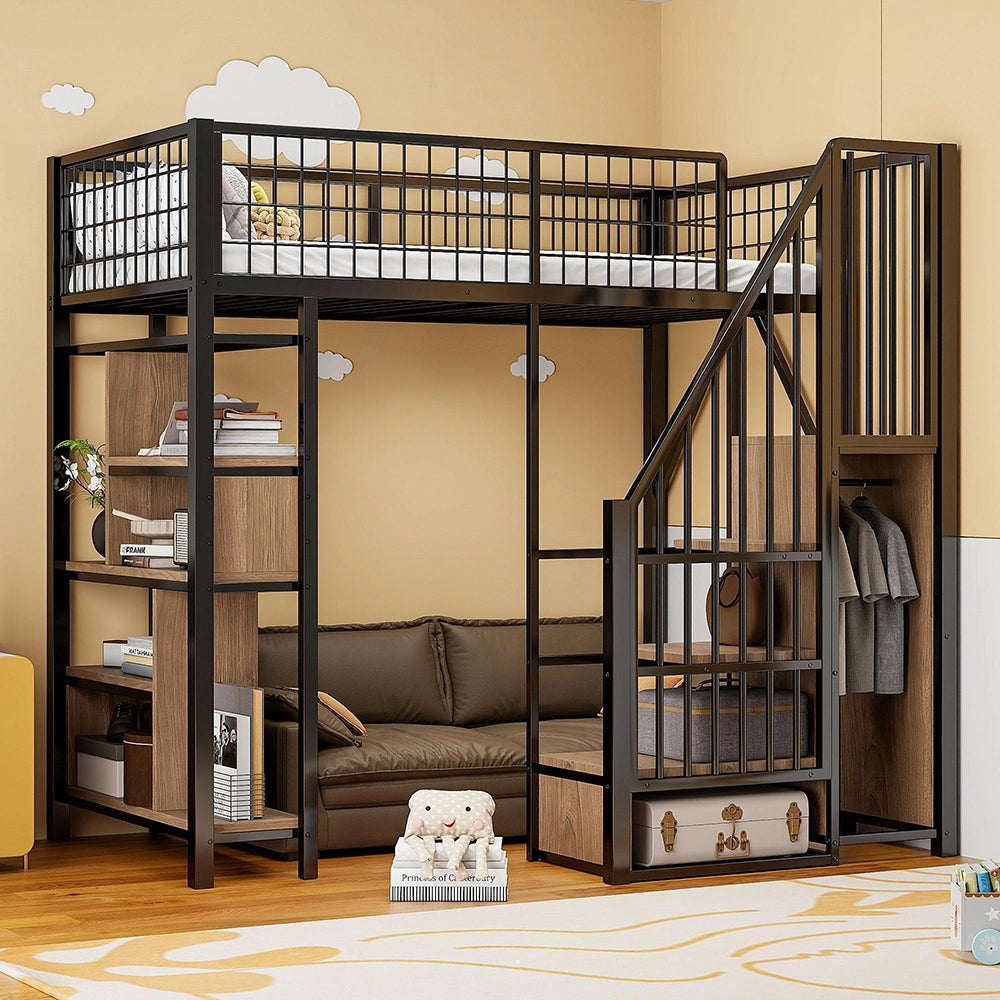 Letto a soppalco - Xylo - 90x200 cm nero con ripiani e scala