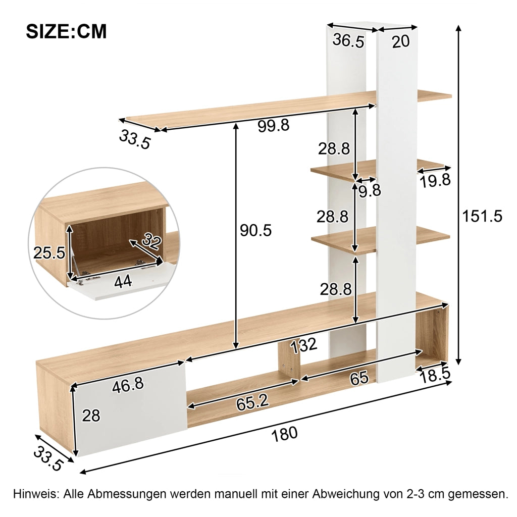 Cassettiera per TV bianca e legno; truciolato; lunghezza 180 cm