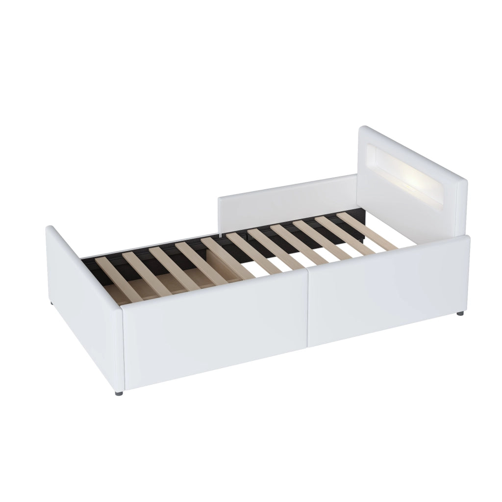 Letto Singolo Imbottito per Bambini con Luce LED e USB ¨C MINIMAL ¨C Similpelle Bianco 90x200