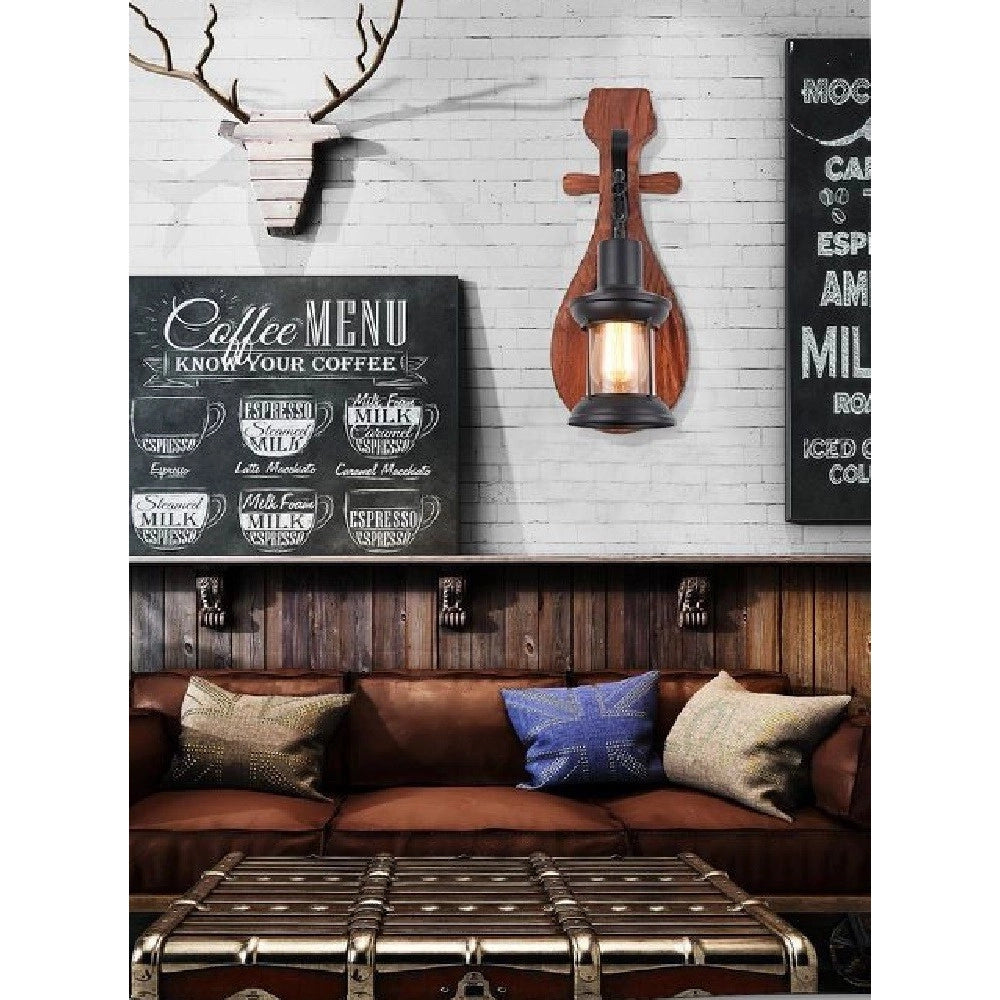 Trade Shop - Applique Lanterna A Parete In Legno Stile Vintage E27 Lampada Industriale E30 -