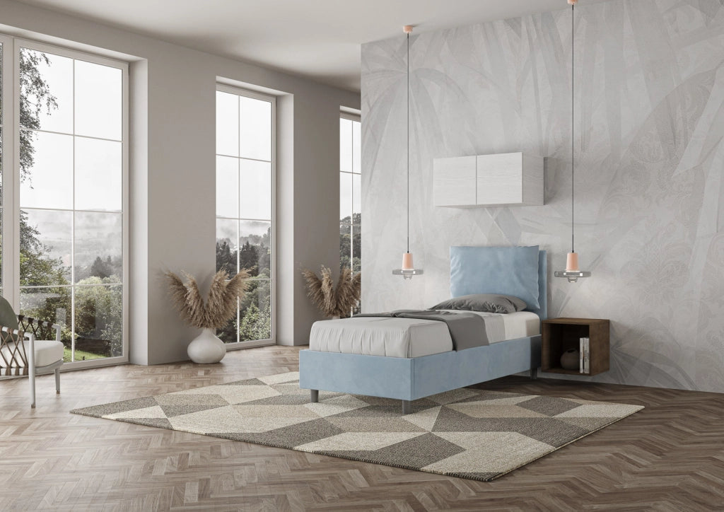 BS COM Letto singolo senza rete imbottito 90x200 microfibra azzurro