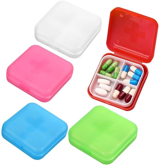 Portatile 4 Comparti - Borsa da Viaggio per Medicamenti - Organizzatore di Medicamenti Mini - Porta Medicamenti Compatta - Per Vitamine - Dimensioni 6x6x2 cm - Porta Medicamenti Portatile