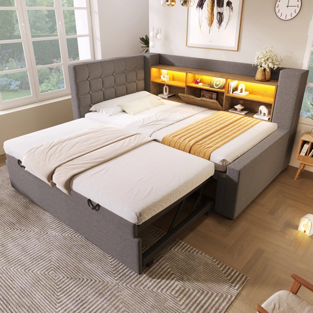LETTO estraibile 90x200 cm in lino grigio con LED e porte USB