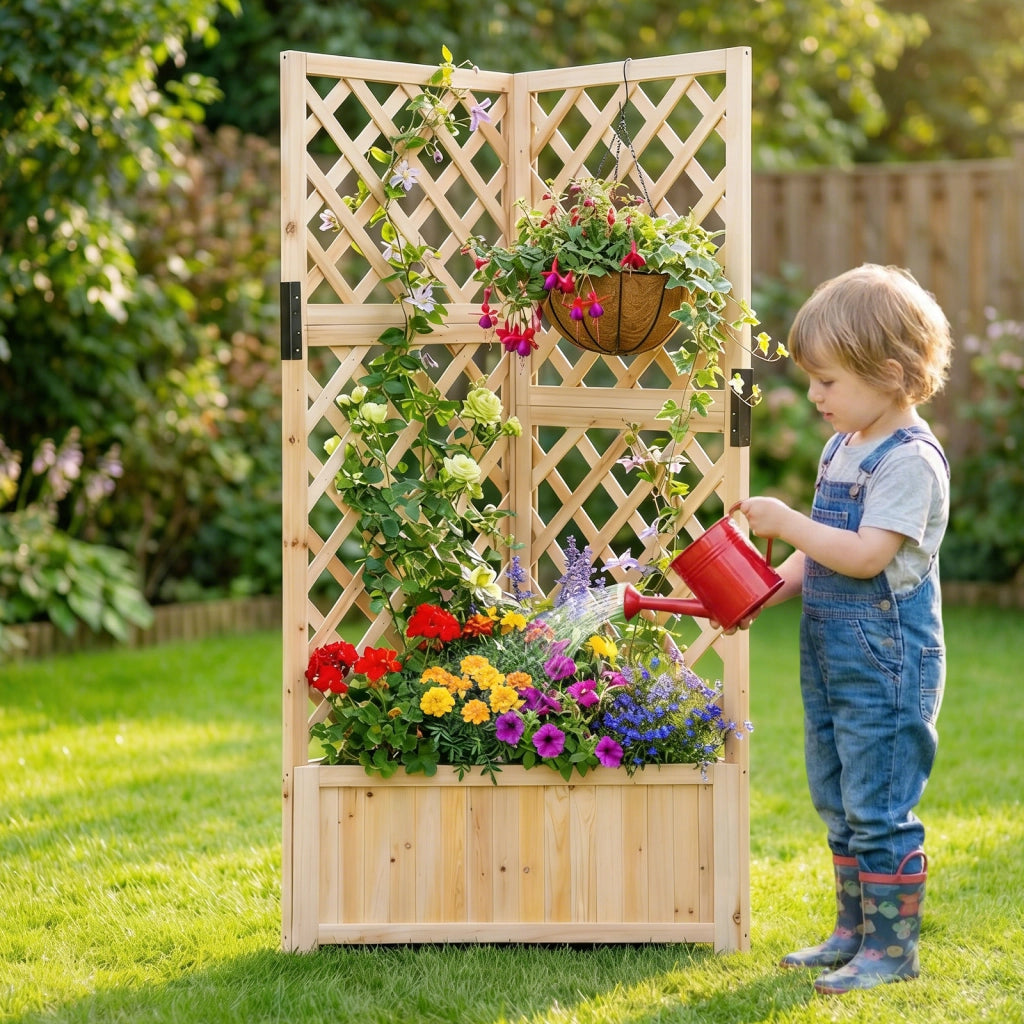 Letto da giardino rialzato ad angolo con traliccio e fori di drenaggio-Fioriera in legno per fiori verdure interno ed esterno Naturale