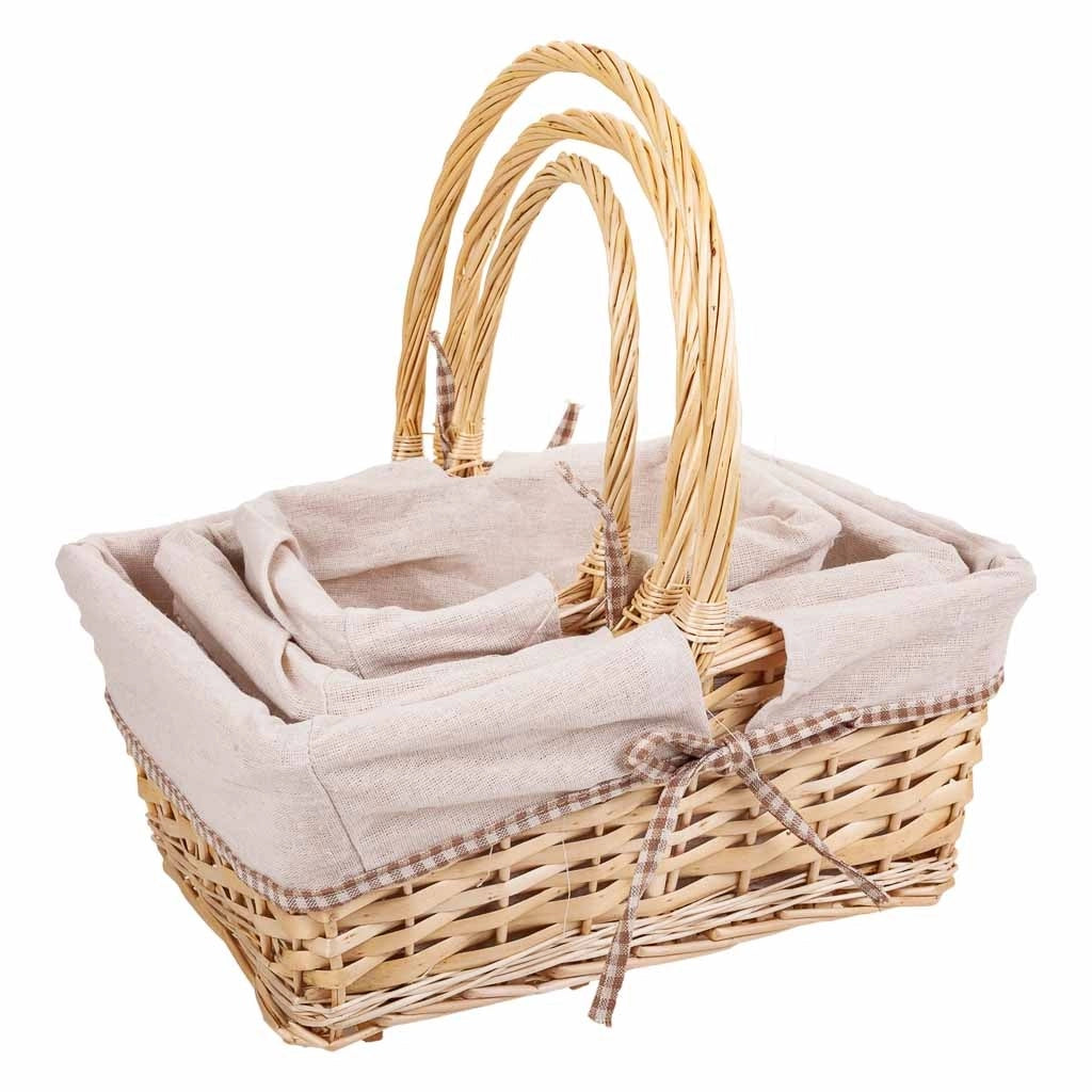 Set di 3 cestini in vimini foderati di bianco