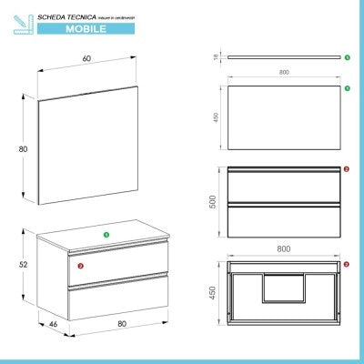 Mobile bagno sospeso 80 cm grigio cemento con top e specchio tondo Master
