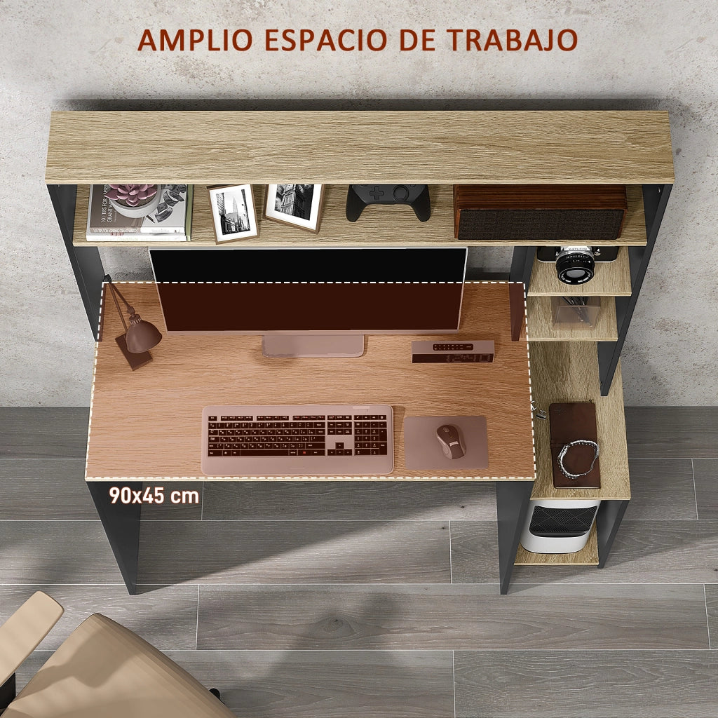 Scrivania con scaffali per computer ¨C Minimal ¨C Grigio e naturale 114x45x138 cm