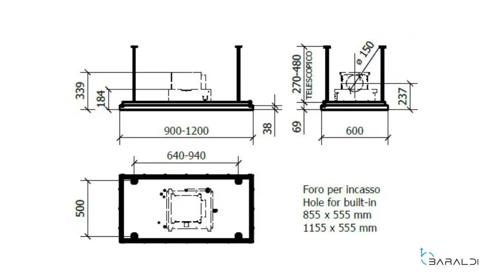 Cappa a soffitto da incasso FLEXIA -  cm 120X60 - Inox - 800 m3/h