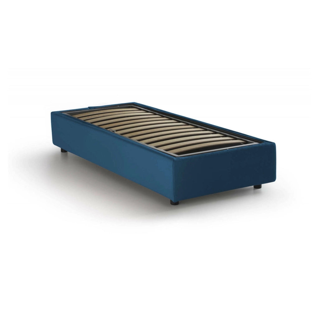 Letto singolo Ava, Letto contenitore con rivestimento in tessuto, Made in Italy, Apertura frontale, adatto per materasso cm 80x200, Blu