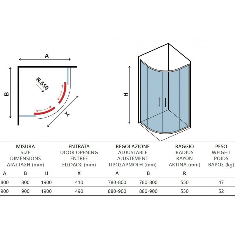EFE 200 Box doccia 1/4 cerchio 80x80 H. 190 cm