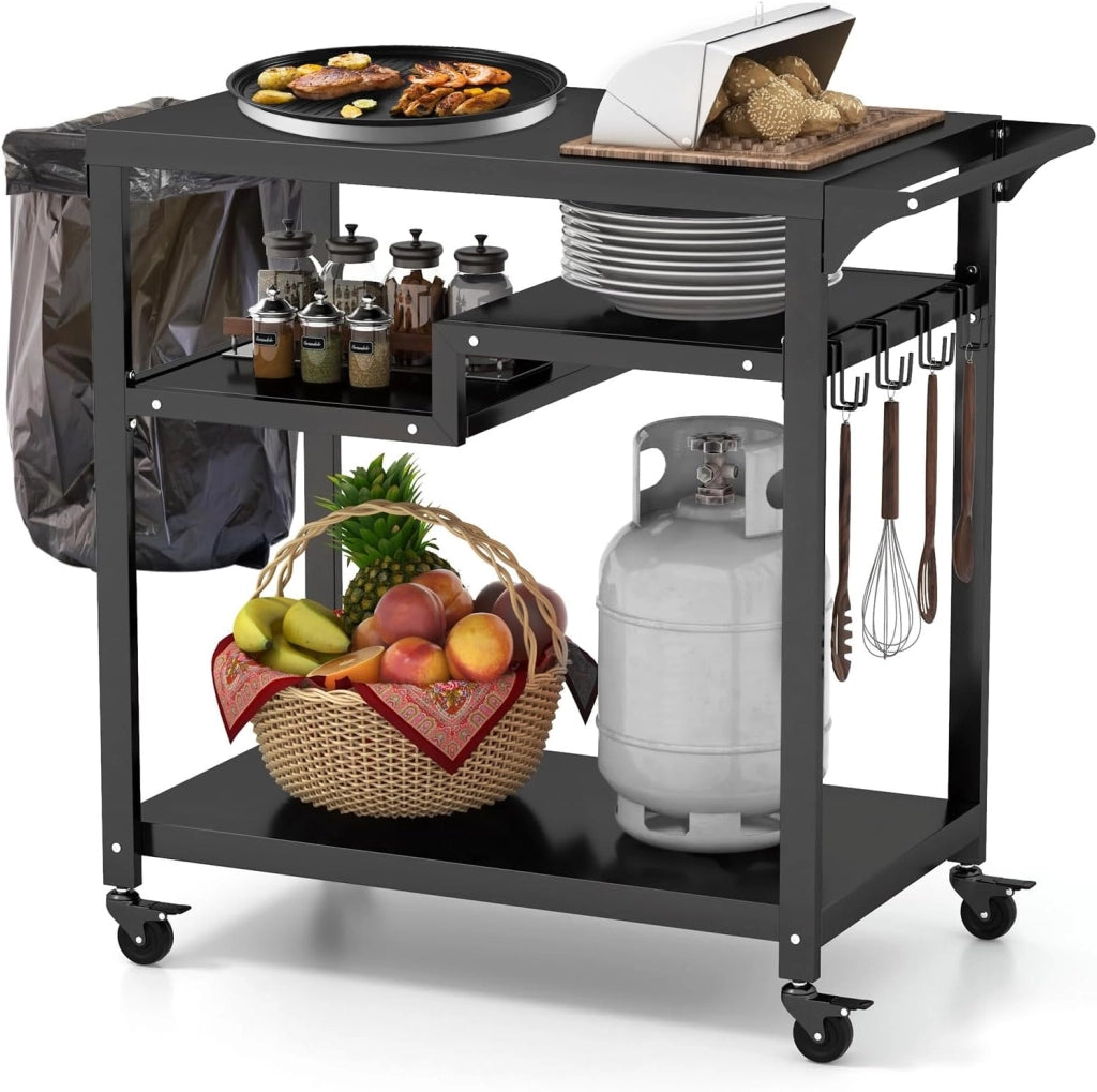 Carrello Barbecue da Esterno, Carrello BBQ Portatile con 3 Ripiani, 4 Ruote Bloccabili, Ganci, Maniglia Laterale, per Cucina, Giardino