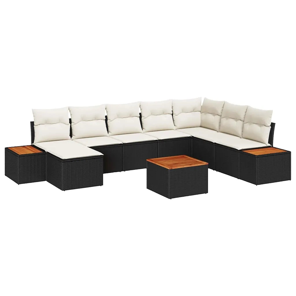 Set Divano da Giardino 9 pcs Nero e Crema Polyrattan