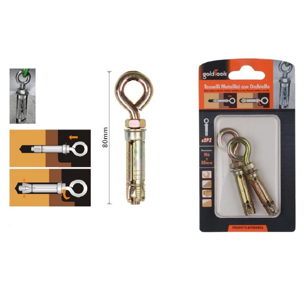 Trade Shop - Set 2 Tasselli Metallici Con Occhiello Bulloni M6x80mm Accessori Minuteria 91048 -