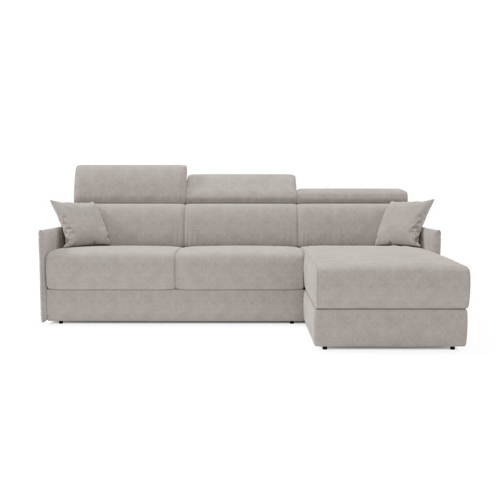 Miryam divano letto angolare compatto - poggiatesta reclinabili e penisola contenitore in tessuto smacchiabile T31 272 cm sinistro grigio perla