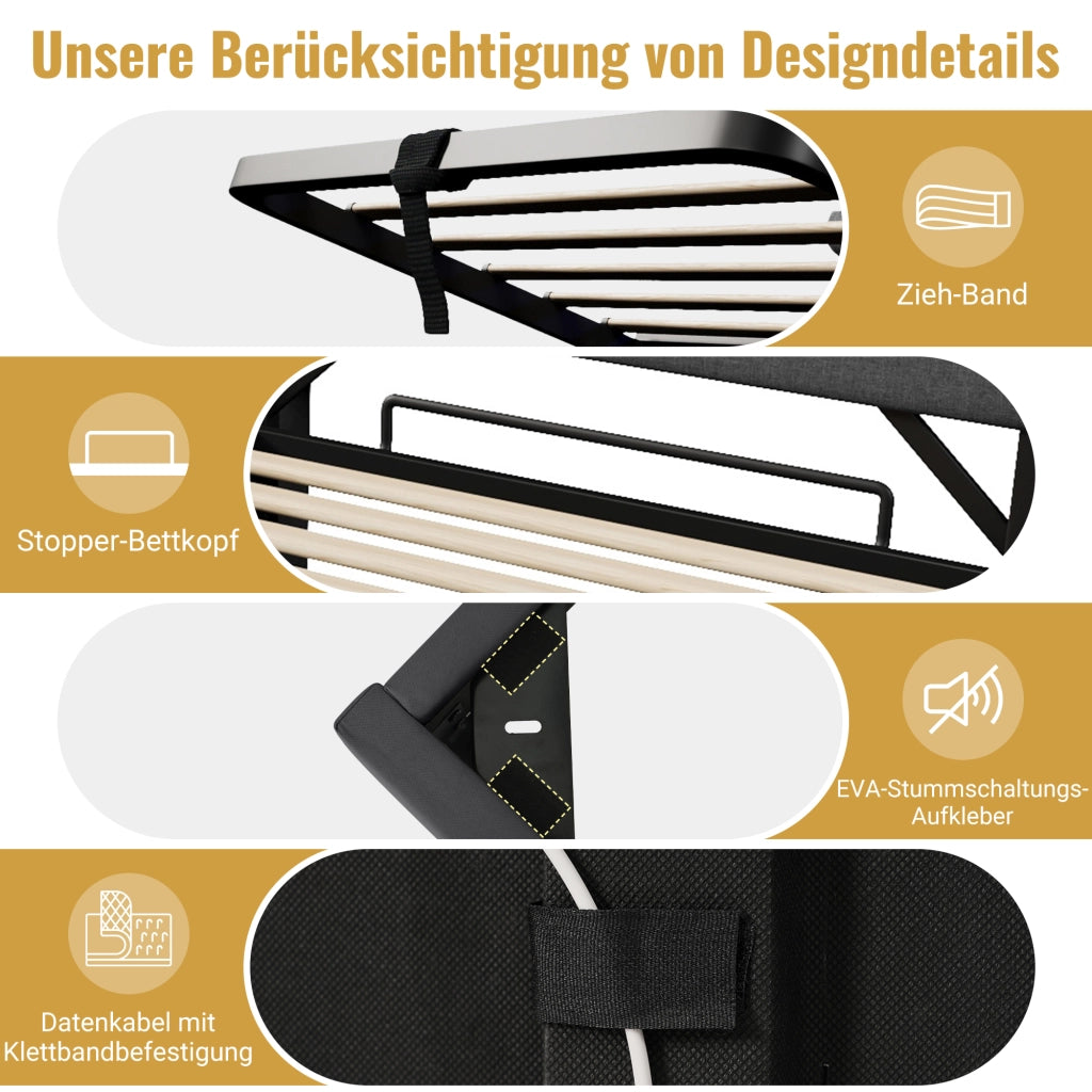 Letto Matrimoniale Imbottito con Contenitore Idraulico e LED ¨C MINIMAL ¨C Beige, 180x200