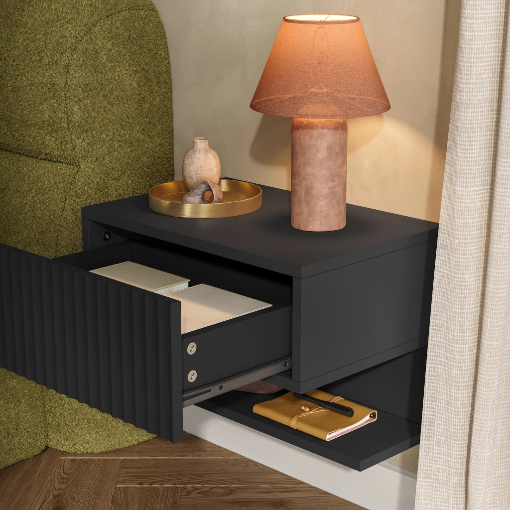 Comodino Sospeso da Parete Nand con Cassetto e Ripiano 42x30x30 cm Nero [en.casa]