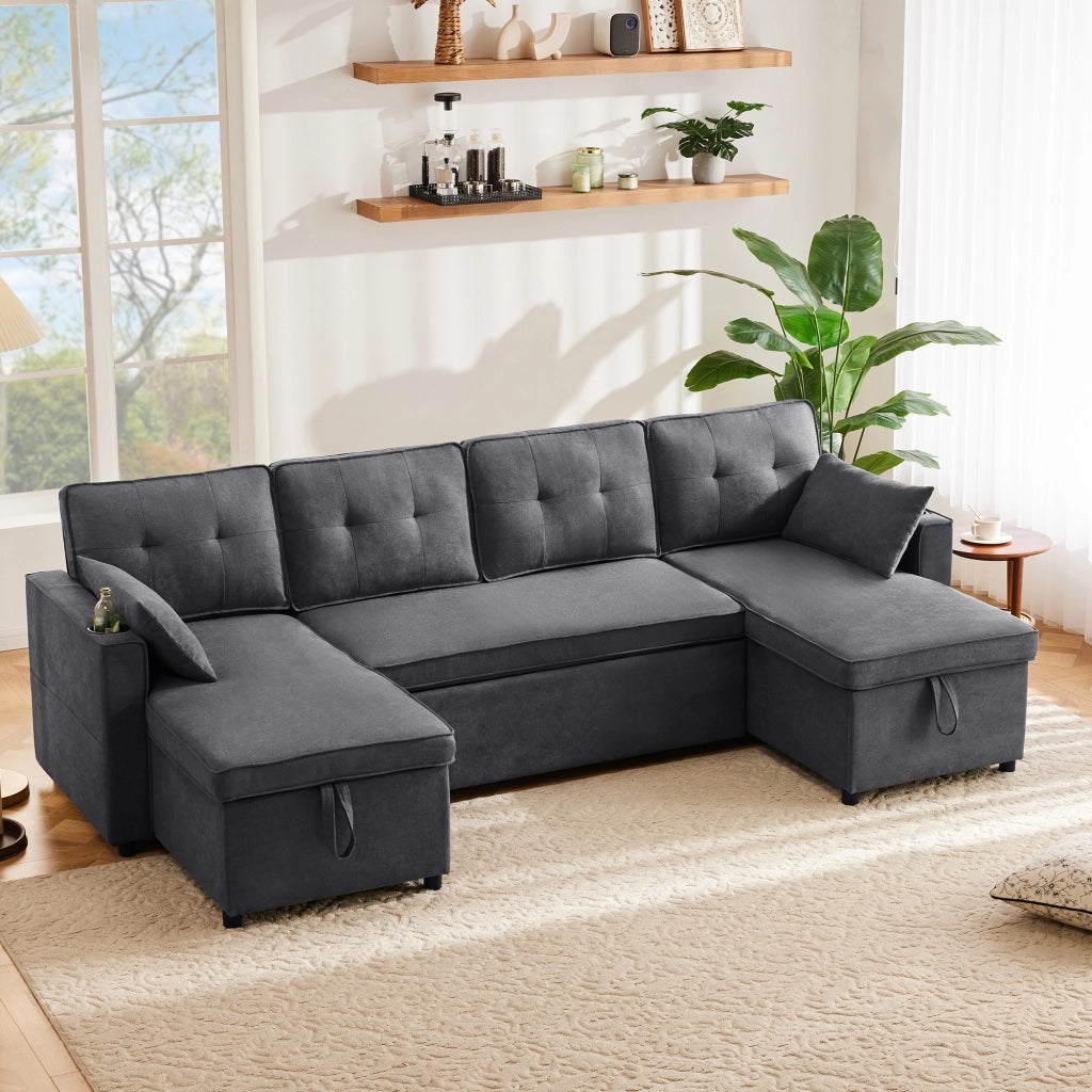DIVANO LETTO U-form 270x130x86 cm Grigio in tessuto cotone e lino