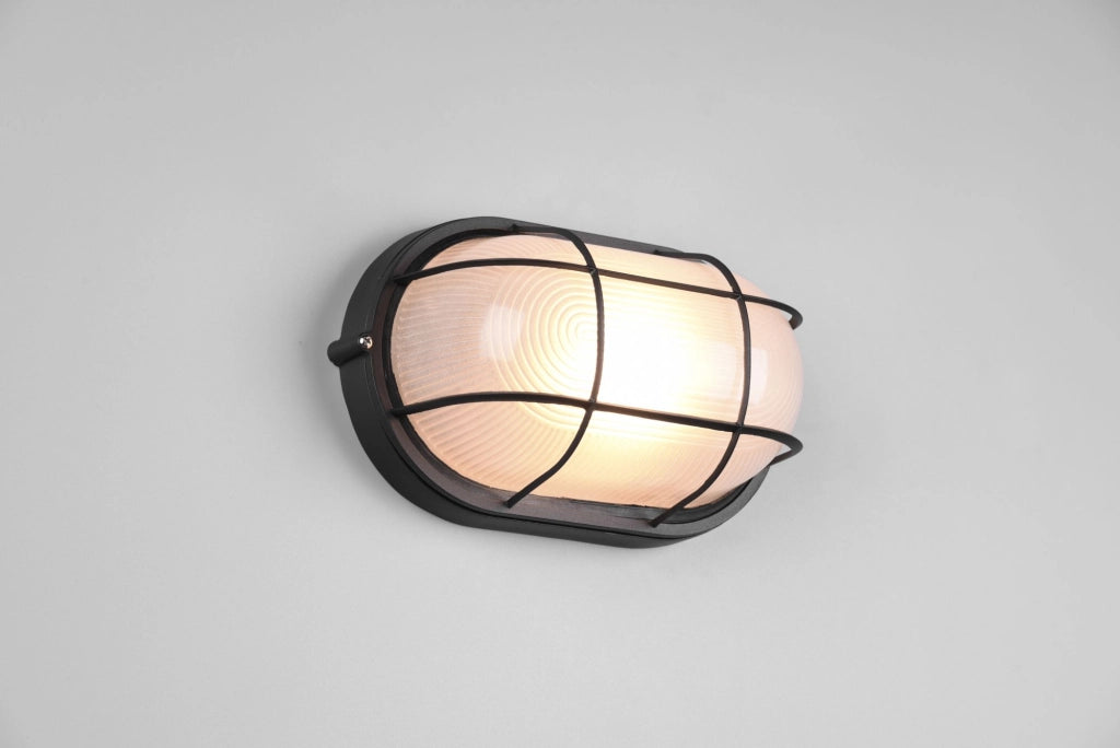 ALGI PLAFONIERA APPLIQUE DA ESTERNO OVALE FUSIONE DI ALLUMINIO NERA CON GRIGLIA E VETRO SATINATO L.28,3CM IP44 1 LUCE ATTACCO E27