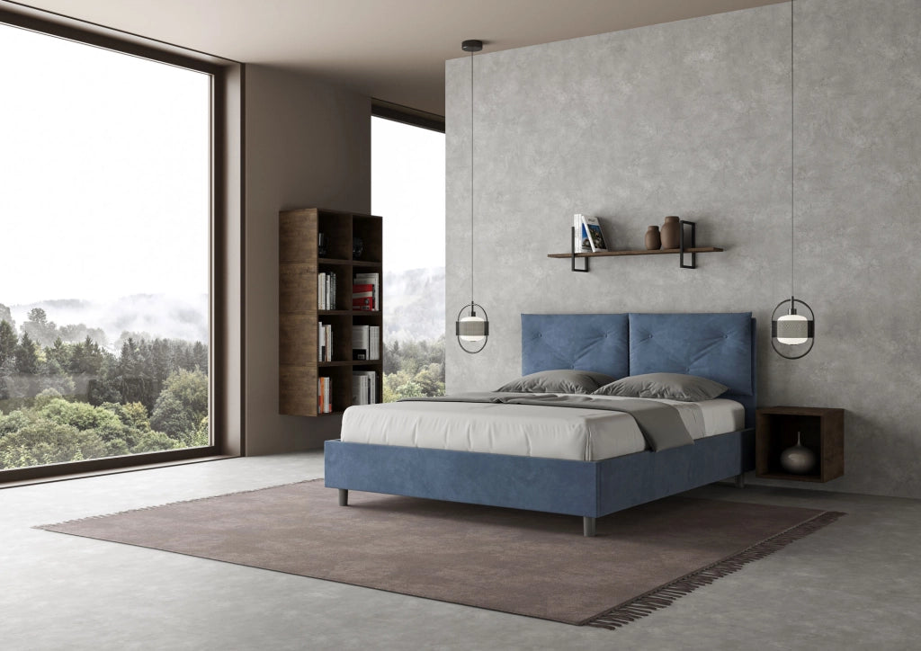 BS COM Letto matrimoniale contenitore doppia alzata imbottito 160x210 microfibra blu