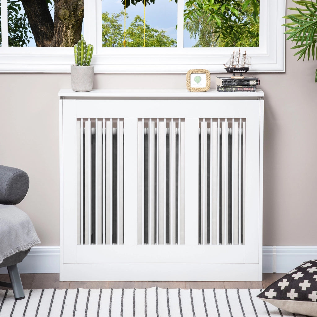 Copritermosifone a Doghe, Copri Termosifone Moderno con Antiribaltamento per Soggiorno, Corridoio, Ufficio, in MDF e Acciaio, 90x18x84cm, Bianco