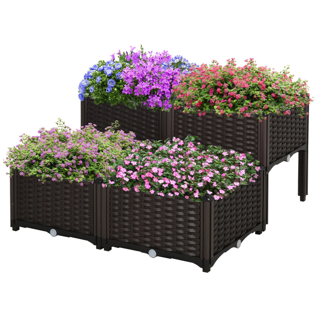 Set 4 Fioriere Quadrate da Giardino ¨C Xylo ¨C Effetto Rattan Marrone 40x40x26/44 cm