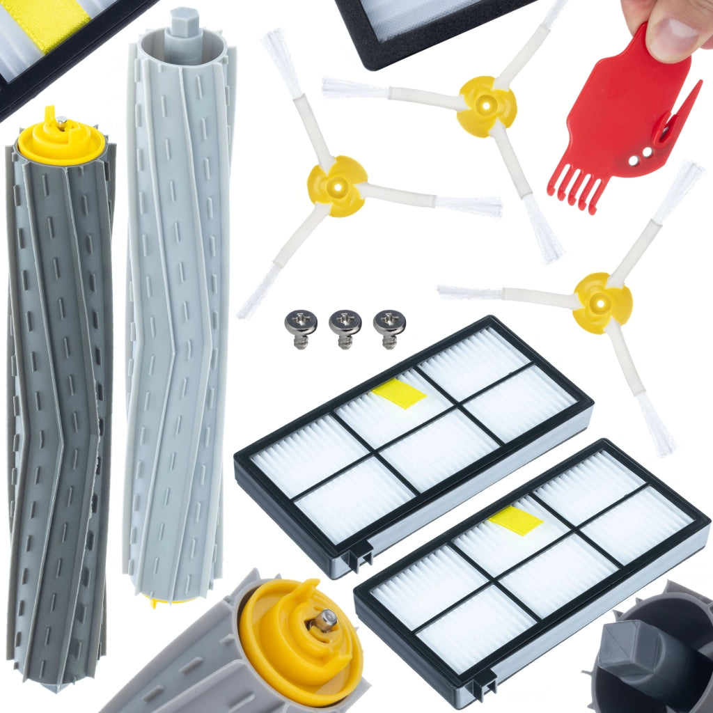 Set di Accessori di Ricambio per iRobot Roomba 800 900 – 2 Filtri HEPA, 3 Spazzole 3-Bracci, 2 Rulli Gomma