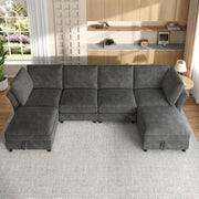Divano angolare modulare a U 6-7 posti con contenitore e 2 pouf, in ciniglia grigio