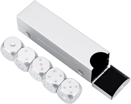 Set di Dadi in Lega di Alluminio da 5 - Scatola Rettangolare/Cuadrata - Gioco da Tavolo - Giochi da Poker - Prodotti Sostenibili - Giochi per Bambini