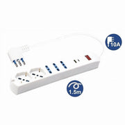 Trade Shop - Multipresa 7 In 1 Usb A + C + 3 Prese Per Bipasso + 2 Schuko/eu Cavo 1,5mt 80080 -