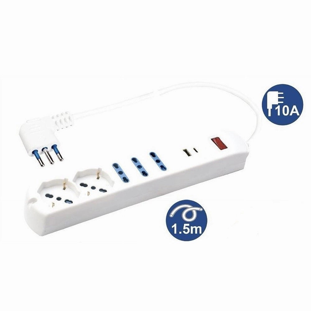 Trade Shop - Multipresa 7 In 1 Usb A + C + 3 Prese Per Bipasso + 2 Schuko/eu Cavo 1,5mt 80080 -