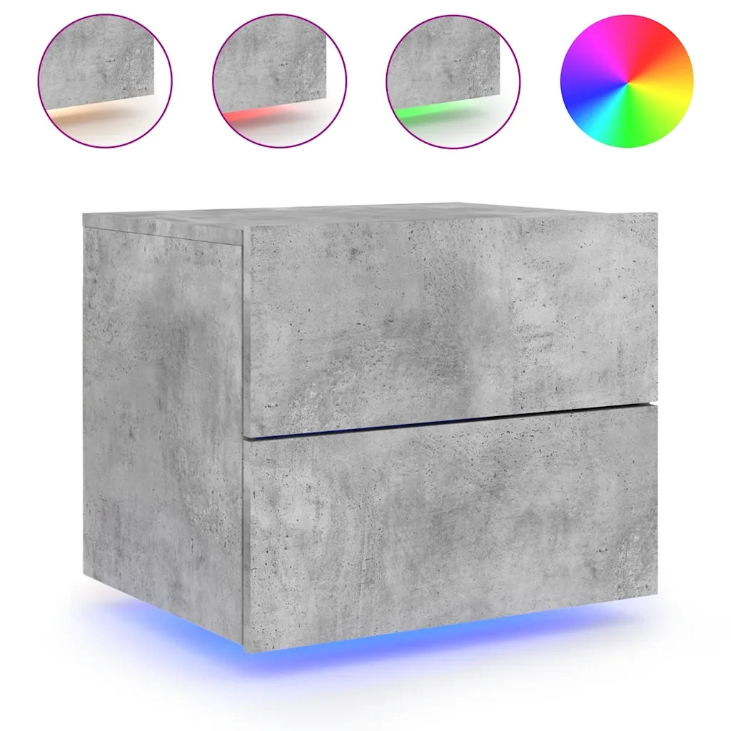 Set di 2 Comodini | Armadio da Notte | Mobiletto da notte a Parete con Luci LED Grigio Cemento
