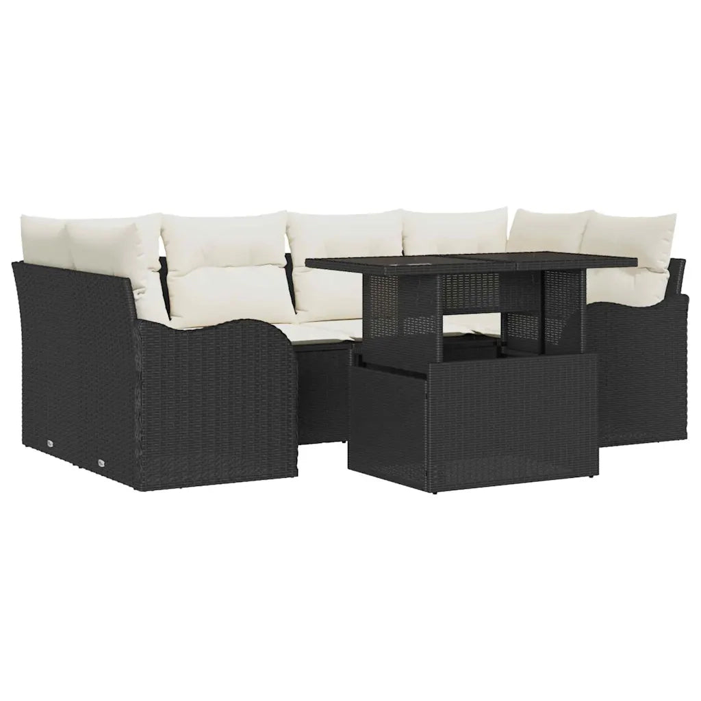 Set Divano da Giardino con cuscino 7 pcs Nero Poly Rattan