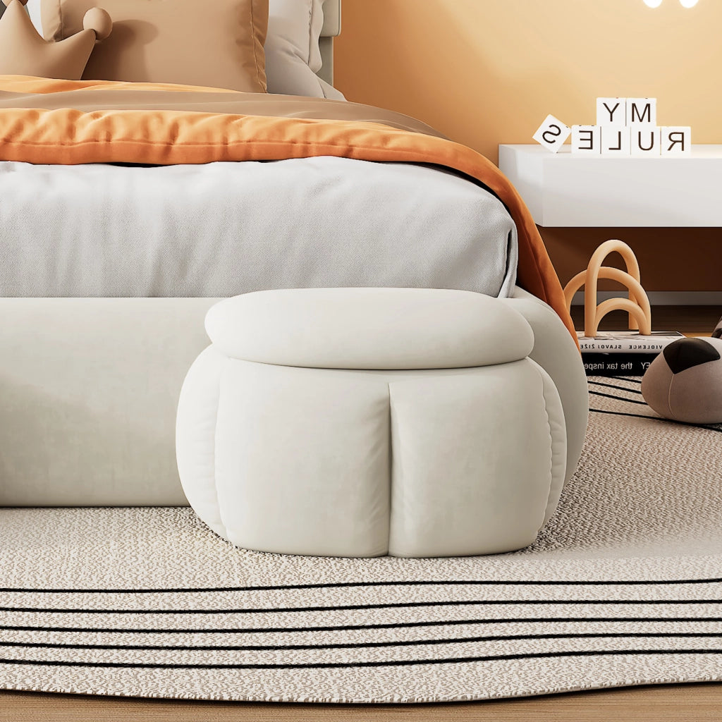 LETTO Singolo 90x200 cm in velluto beige con 2 pouf contenitore e luci LED