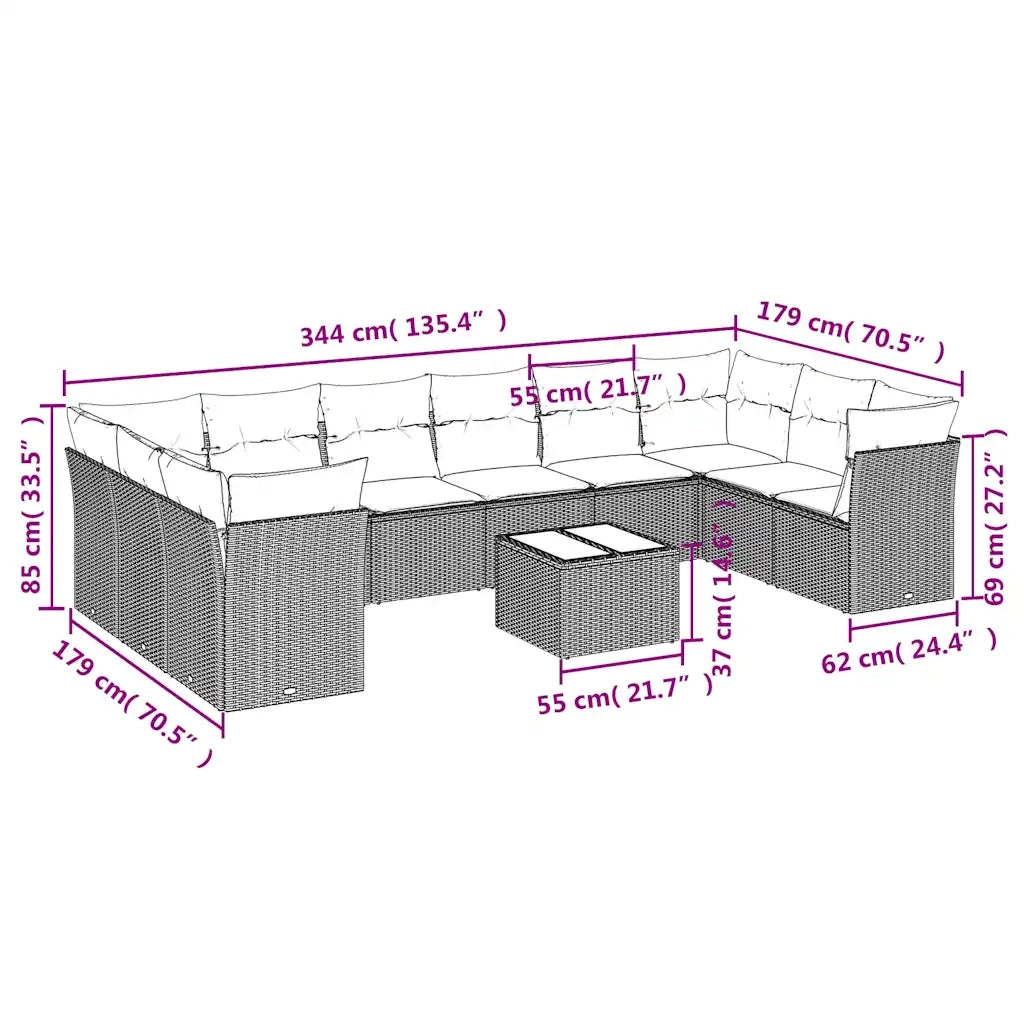 Set Divani da Giardino 11 pz con Cuscini Polyrattan Marrone 3218213