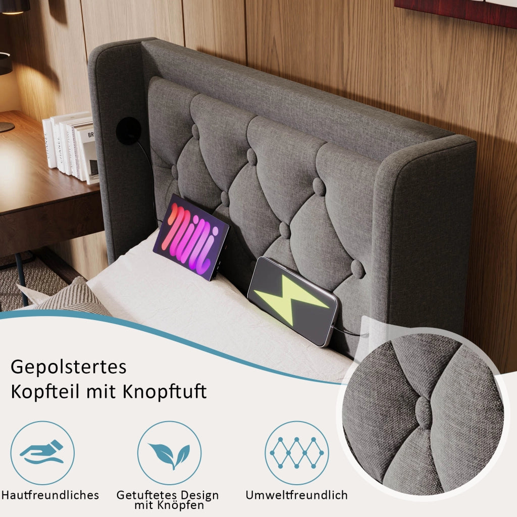 LETTO Contenitore Idraulico 90x200 cm Cotone Grigio con USB e LED