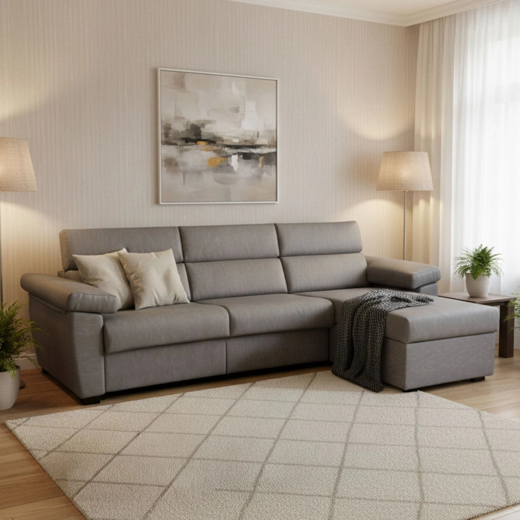 Priverno, Divano Letto con Penisola Sfoderabile Made in Italy, 285x160 cm Grigio