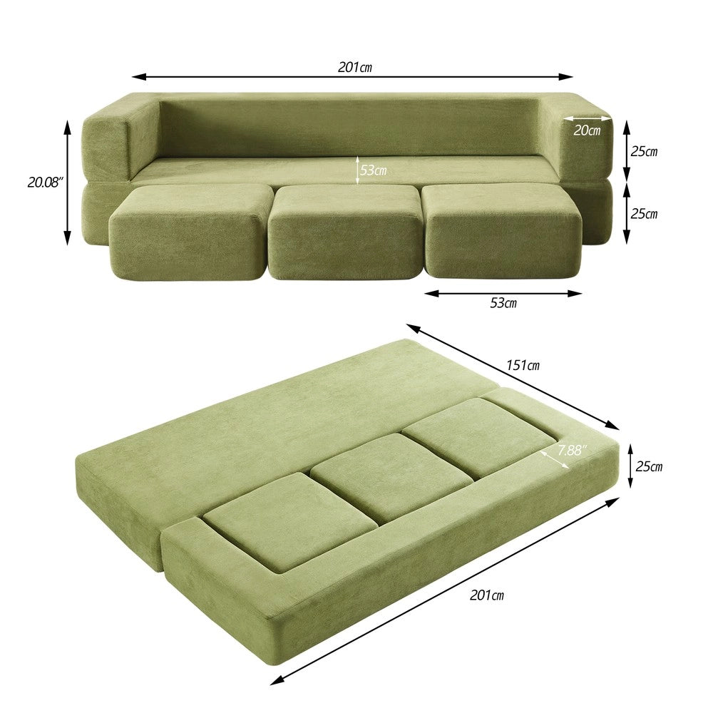 Divano Letto con Poggiapiedi Chenille ¨C Xylo ¨C Verde, Schiuma ad Alta Elasticit¨¤