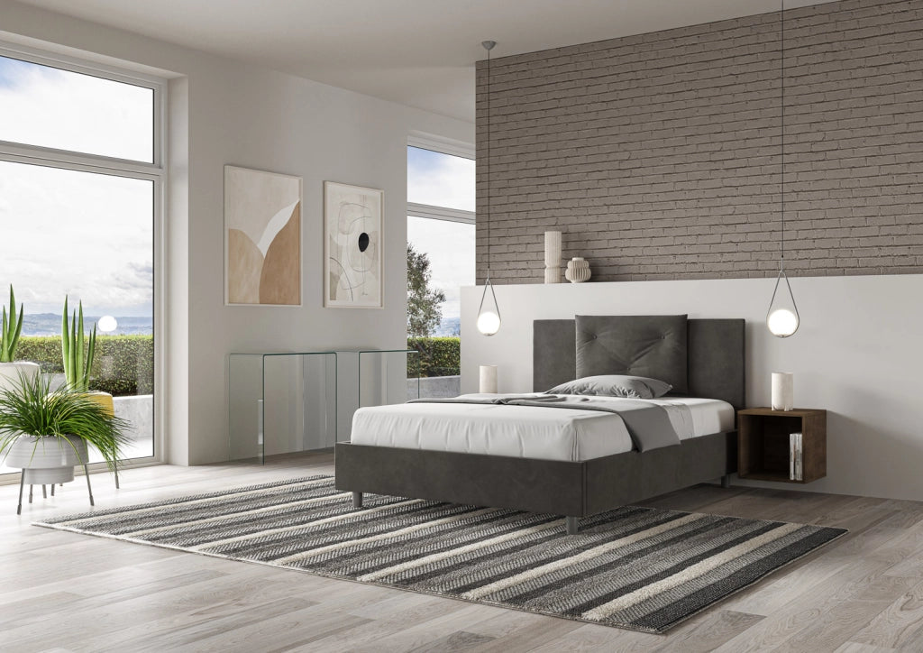BS COM Letto queen size senza rete imbottito 150x190 microfibra grigio