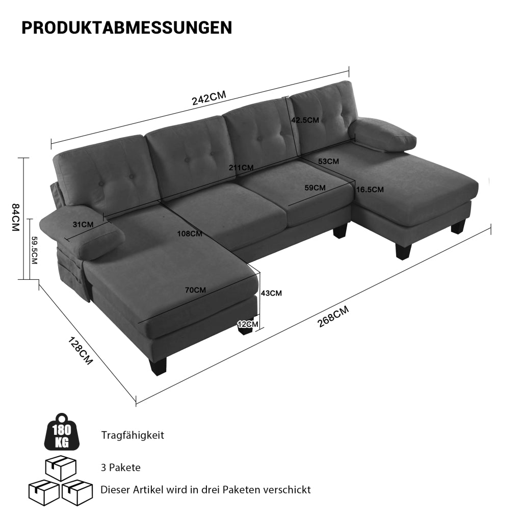 Divano letto angolare 4 posti con chaise longue ¨C MINIMAL ¨C Grigio, tessuto chenille
